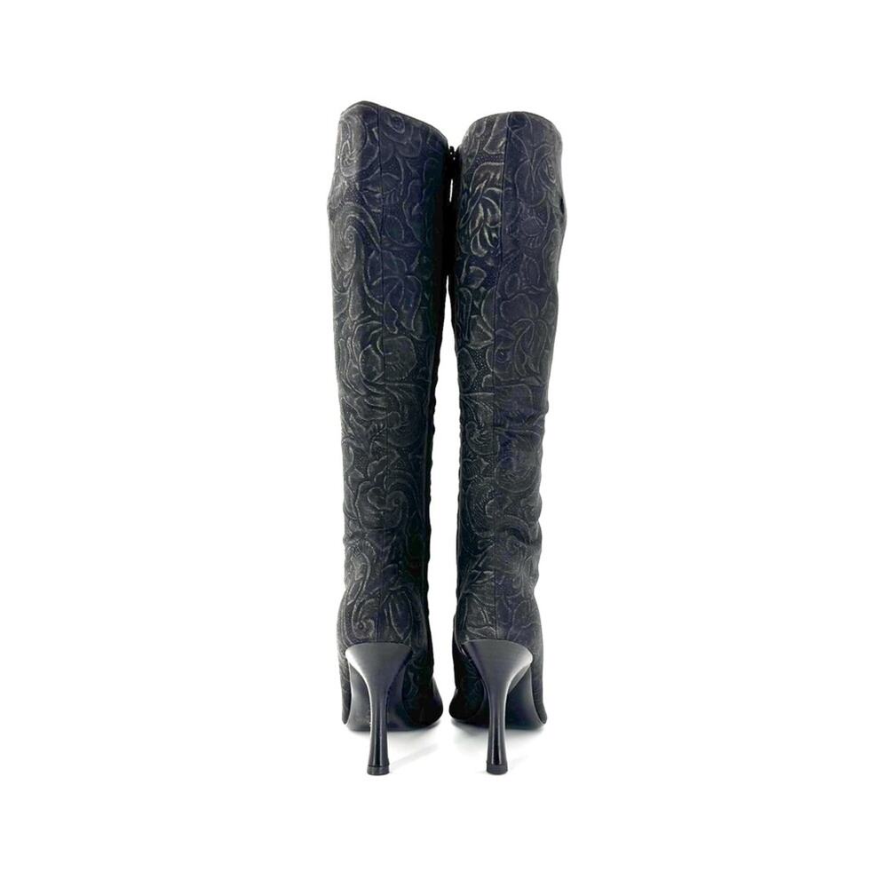 Vintage Roberto Cavalli Denim Floral Print Knee High Pointed Toe Boots 37.5 - Picture 4 of 10